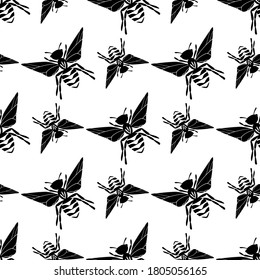 Seamless pattern with bees silhouette on white background. Adorable cartoon wasp character. Template design for invitation, cards, textile, fabric. Flat style. Vector stock illustration.