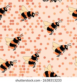 Seamless pattern with bees. Small wasp. Vector illustration. Design for invitation, cards, textile, fabric. Doodle style.