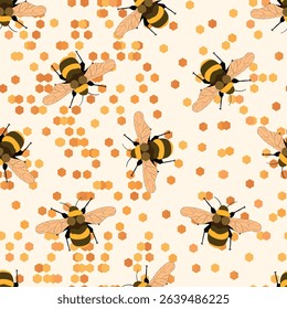 Seamless pattern with bees. Small wasp. Vector illustration. Design for invitation, cards, textile, fabric. Doodle style.