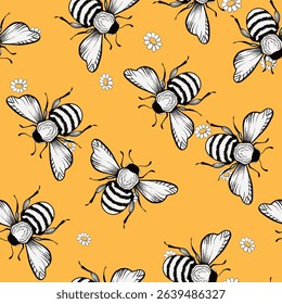 Seamless pattern with bees. Small wasp. Vector illustration. Design for invitation, cards, textile, fabric. Doodle style.