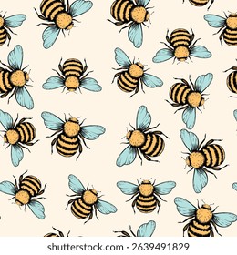 Seamless pattern with bees. Small wasp. Vector illustration. Design for invitation, cards, textile, fabric. Doodle style.