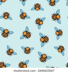 Seamless pattern with bees. Small wasp. Vector illustration. Design for invitation, cards, textile, fabric. Doodle style.