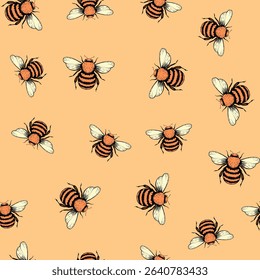 Seamless pattern with bees. Small wasp. Vector illustration. Design for invitation, cards, textile, fabric. Doodle style.