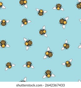 Seamless pattern with bees. Small wasp. Vector illustration. Design for invitation, cards, textile, fabric. Doodle style.