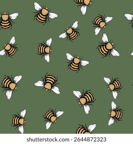 Padrão contínuo com abelhas. Vespas pequenas. Ilustração vetorial. Design para convite, cartões, têxtil, tecido. Estilo Doodle.