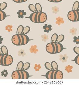 Seamless pattern with bees. Small wasp. Vector illustration. Design for invitation, cards, textile, fabric. Doodle style.