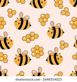 Seamless pattern with bees. Small wasp. Vector illustration. Design for invitation, cards, textile, fabric. Doodle style.