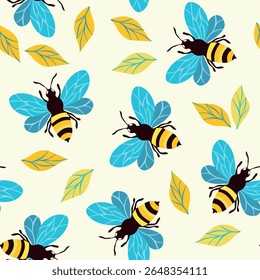 Seamless pattern with bees. Small wasp. Vector illustration. Design for invitation, cards, textile, fabric. Doodle style.