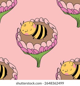Seamless pattern with bees. Small wasp. Vector illustration. Design for invitation, cards, textile, fabric. Doodle style.