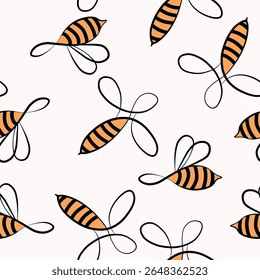 Seamless pattern with bees. Small wasp. Vector illustration. Design for invitation, cards, textile, fabric. Doodle style.