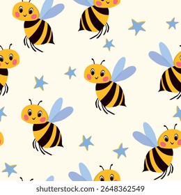 Seamless pattern with bees. Small wasp. Vector illustration. Design for invitation, cards, textile, fabric. Doodle style.