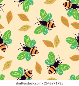 Seamless pattern with bees. Small wasp. Vector illustration. Design for invitation, cards, textile, fabric. Doodle style.