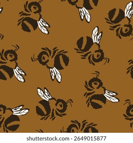 Seamless pattern with bees. Small wasp. Vector illustration. Design for invitation, cards, textile, fabric. Doodle style.