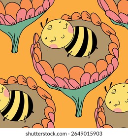Seamless pattern with bees. Small wasp. Vector illustration. Design for invitation, cards, textile, fabric. Doodle style.