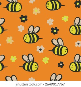 Seamless pattern with bees. Small wasp. Vector illustration. Design for invitation, cards, textile, fabric. Doodle style.