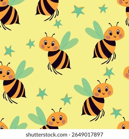 Seamless pattern with bees. Small wasp. Vector illustration. Design for invitation, cards, textile, fabric. Doodle style.