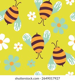 Seamless pattern with bees. Small wasp. Vector illustration. Design for invitation, cards, textile, fabric. Doodle style.