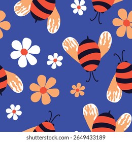 Padrão contínuo com abelhas. Vespas pequenas. Ilustração vetorial. Design para convite, cartões, têxtil, tecido. Estilo Doodle.