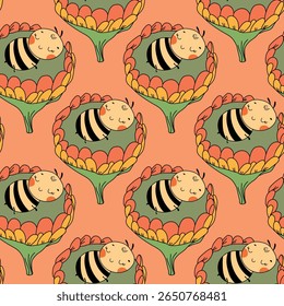 Padrão contínuo com abelhas. Vespas pequenas. Ilustração vetorial. Design para convite, cartões, têxtil, tecido. Estilo Doodle.