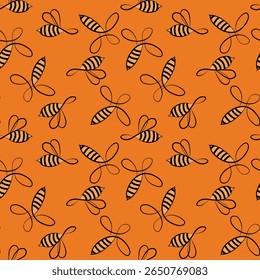 Padrão contínuo com abelhas. Vespas pequenas. Ilustração vetorial. Design para convite, cartões, têxtil, tecido. Estilo Doodle.