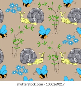 Seamless pattern with bees, snails, flowers and bamboo on a dark beige background. Vector illustration