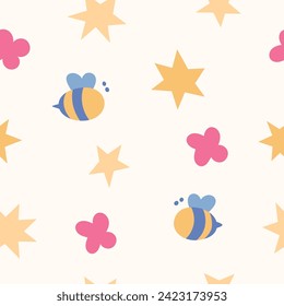 Seamless pattern with bees and star elements. Abstract cute background.