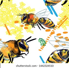 Seamless pattern with bees. Stylish multi-colored print. Quick drawing, sketch.