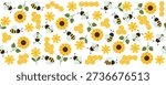 Seamless pattern with bees sunflowers flowers and honeycombs. Bright summer nature background in flat style