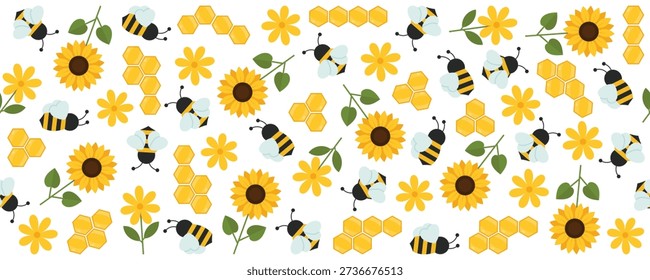 Seamless pattern with bees sunflowers flowers and honeycombs. Bright summer nature background in flat style