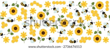 Seamless pattern with bees sunflowers flowers and honeycombs. Bright summer nature background in flat style