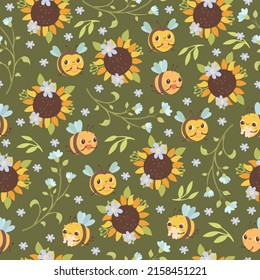 Seamless pattern with bees and sunflowers. Green background. Sunflower flowers, Honey bees