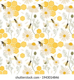 Seamless pattern with bees. Vector hand draw illustration.