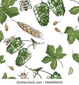 Seamless pattern with bees, wheat and hop in green and gold on white isolated.