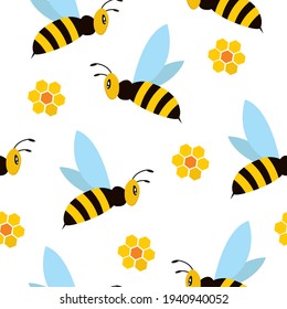 Seamless pattern with bees and yellow honeycomb flowers on a white background