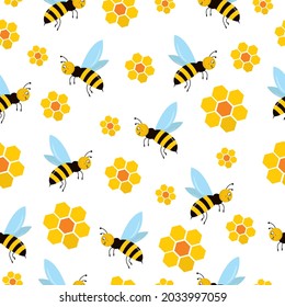 Seamless pattern with bees and yellow honeycomb flowers on a white background. Vector illustration