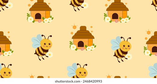 Patrón sin fisuras con abejas, colmena, flores melíferas aisladas en la Ilustración vectorial de fondo amarillo. Fondo lindo de la impresión de la miel.