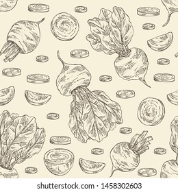 Seamless pattern with beet: full beetroot and piece of beet. Vector hand drawn illustration 