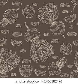 Seamless pattern with beet: full beetroot and piece of beet. Vector hand drawn illustration 