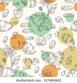 Seamless pattern with beet: full Jerusalem artichoke and piece of artichoke. Vector hand drawn illustration