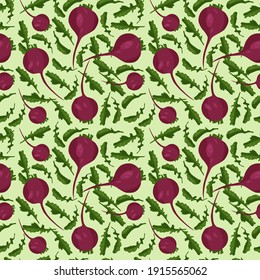 Seamless pattern with beet leaves and vegetables. Vector design concept for fabric and paper kitchen.