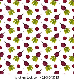Patrón sin foco con remolacha. Impresión de verduras sanas, mitad y hojas verdes de la parte superior sobre fondo blanco. Ilustración plana del vector