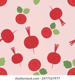 Seamless pattern of beet root with green leaves on pink background vector.