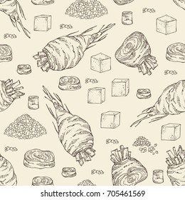 Seamless pattern with beet sugar: sugar and beet. Vector hand drawn illustration.