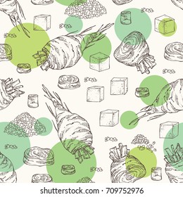 Seamless pattern with beet sugar: sugar and beet. Vector hand drawn illustration.