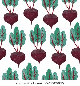 Patrón sin foco con verduras de remolacha. Ilustración detallada del color del vector dibujado con mano