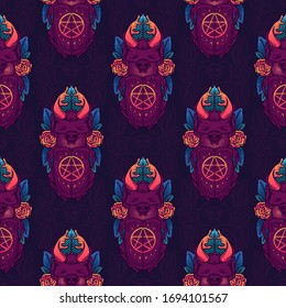 Seamless pattern with Beetle deer with star and rose for girls, boys, clothes. Creative Satanic background with mystic symbol. Funny wallpaper for textile and fabric. Fashion style.