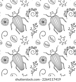 Seamless pattern with beetle and hand drawn plants. Design for fabric, textile, wallpaper, packaging.