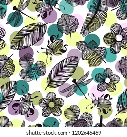 Seamless pattern with beetles and butterflies.