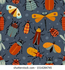 Seamless pattern with beetles and butterflies. Can be used as background, packaging paper, cover, fabric and etc.