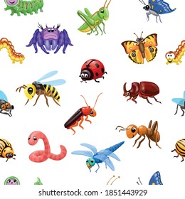 Seamless pattern with beetles, Cartoon insects and bugs. Cute ant, worm, caterpillar, spider and butterfly, wasp and bumblebee vector.